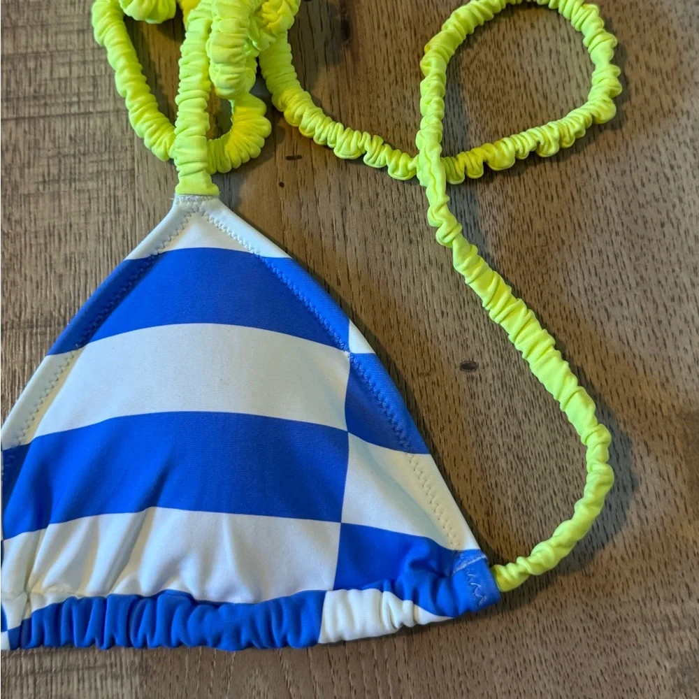 Aerie Real Good Checkered Triangle Bikini Top Blue White Neon XS NWT - Picture 5 of 7